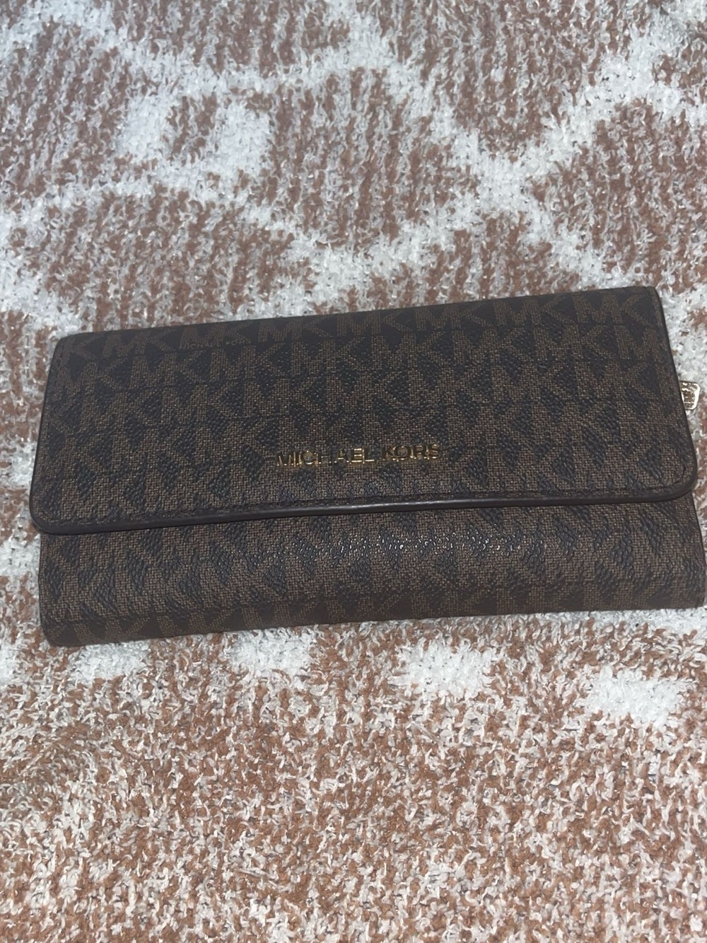 Michael Kors Brown Signature Trifold MK Continental Wallet with Gold Logo